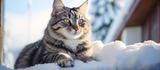 A gray tabby cat sits on snow covered steps on a sunny winter day outdoors The cat is basking in the sun Portrait of a striped cat sitting on snowy steps in sunlight Copy space top