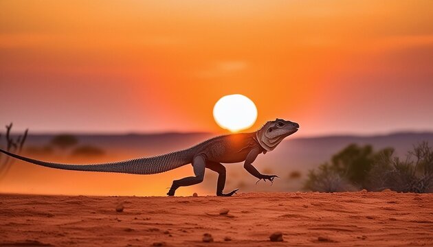 burnt orange dark red sky australian outback with frilled neck lizard running towrd me