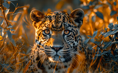 Leopard lying in the grass in beautiful evening light