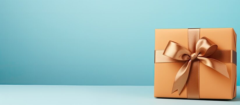 Beautiful brown paper gift box with blue satin curly ribbon bow and blank card on pastel blue background Flat lay Mother day father day valentines day birthday concepts with copy space