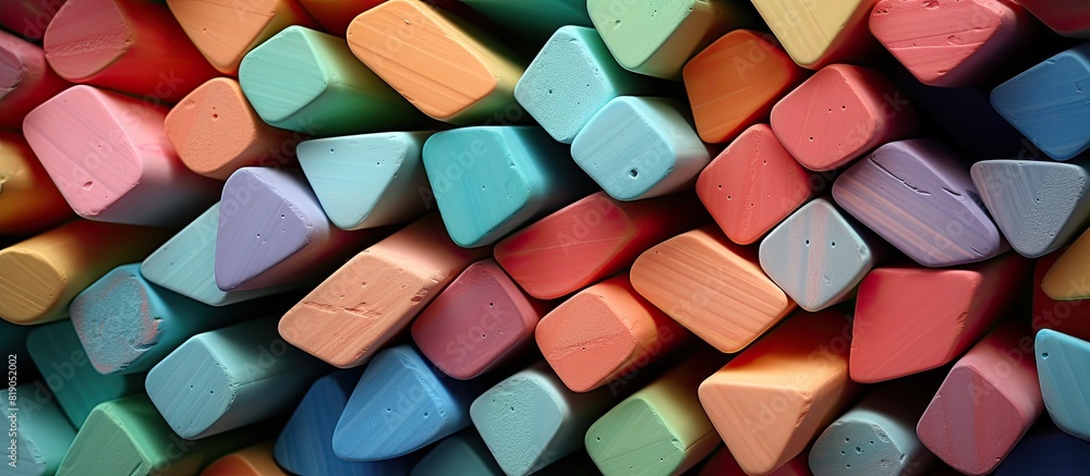 Poster bunch of square colorful pastel chalks closeup background. copy space available