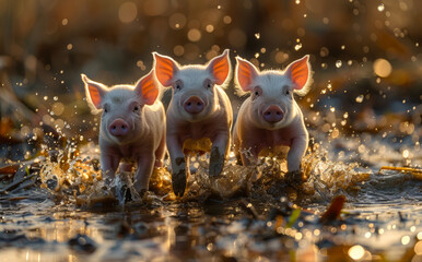 Three little pigs playing in the water. Piglets at Play