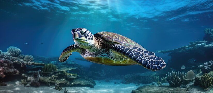 The green sea turtle exhibits a peculiar behavior as it stands on the seafloor barely making contact with the ground with its four limbs This unusual sight can be attributed to its need for either re