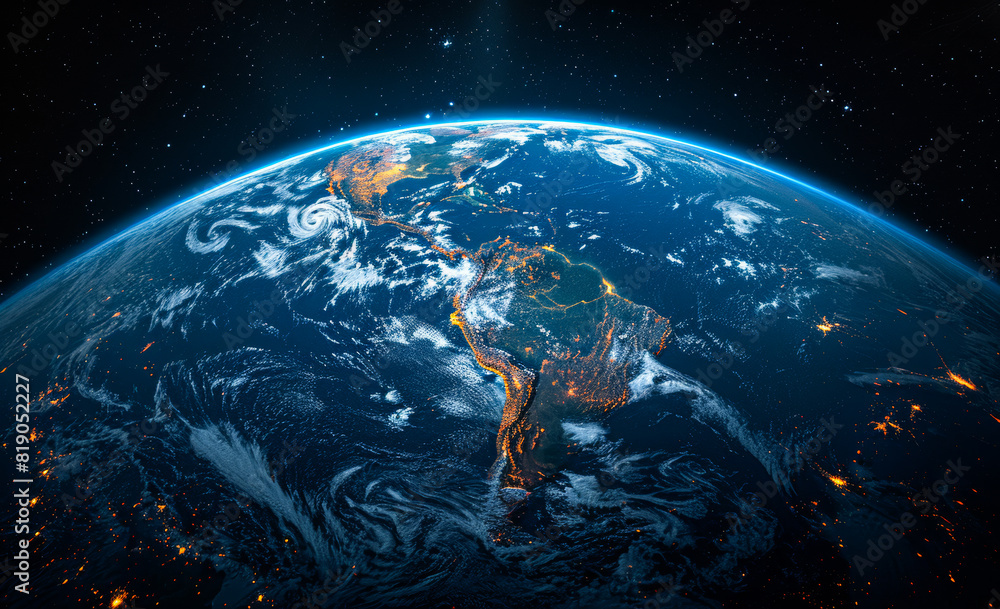 Wall mural planet earth with detailed exaggerated relief at night lit by the lights of cities.