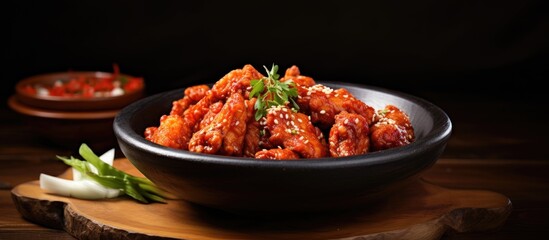 A view of a basket full of Korean fried chicken. copy space available
