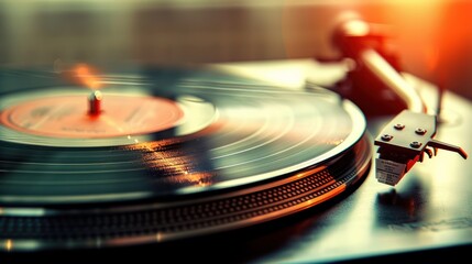Colorful Spinning Vinyl Record on Turntable - A close-up of a vinyl record spinning on a turntable, illuminated by vibrant, colorful lights, capturing the essence of analog music.