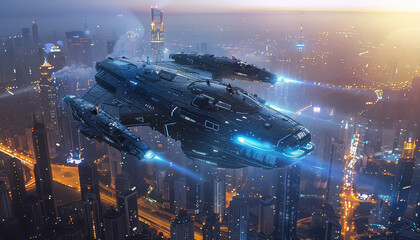 A futuristic space ship is flying through a city with tall buildings