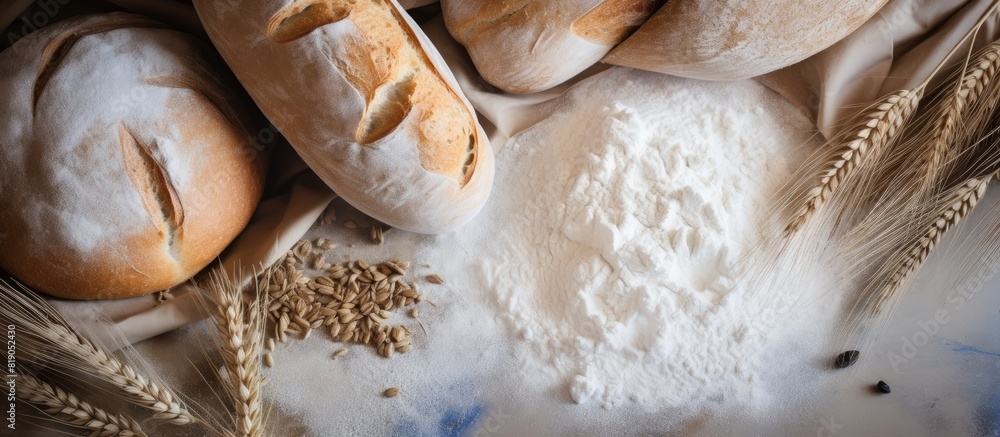 Poster making bread concept loaves near flour wheat ears top view copy space