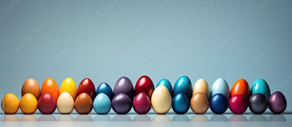 Poster background multicolored easter eggs. copy space available