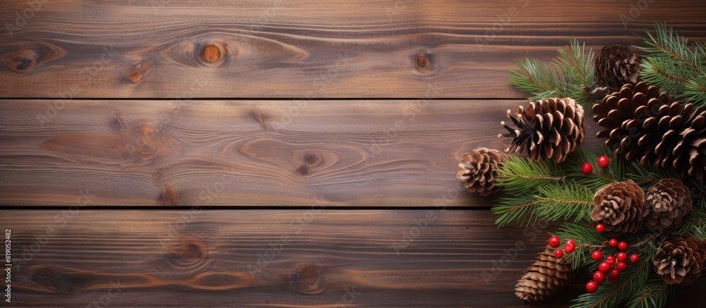 Aufkleber A festive winter arrangement consisting of pine cones and spruce branches placed on a wooden surface in a top down perspective perfect for adding copy space to the image