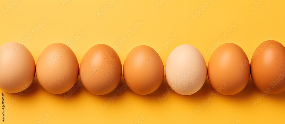 Poster brown chicken eggs on yellow background fresh chicken eggs background top view with copy space