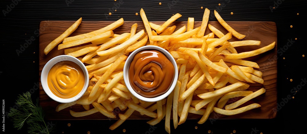 Aufkleber French fries with sauce on a black surface overhead view Copy space Top view from above flat lay