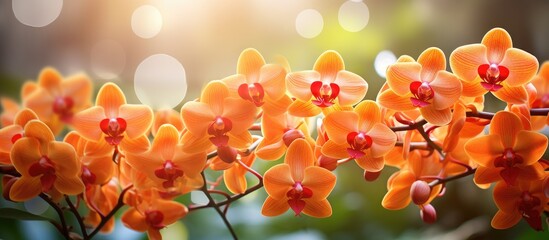 A vibrant garden displaying a cluster of blooming orange orchids with plenty of copy space image