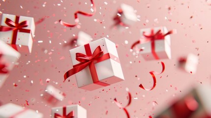Obraz premium Wallpaper with pink background and white boxes with red bows and ribbon