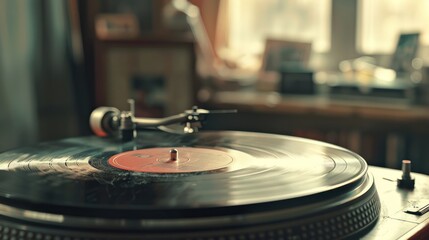 Obraz premium Vintage Record Player with Vinyl Record - Close-up of a vintage record player with a spinning vinyl record, evoking a nostalgic and retro atmosphere.
