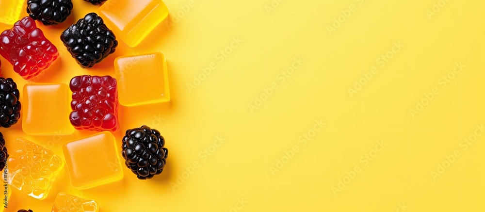 Poster candy heart blackberry raspberry jelly gummy candy sweets on yellow color background space for text 