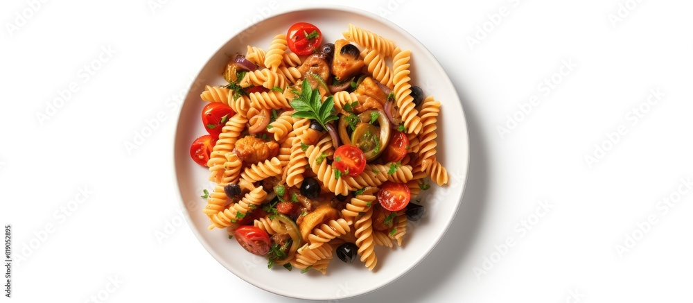 Poster a top down view of a pasta plate on a white background with empty space for adding text or images. c