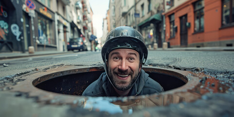 Smiling man wearing a safety helmet peers out of a sewer manhole in the street.