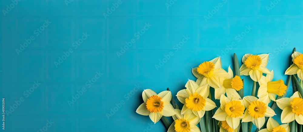 Poster a stunning array of vibrant yellow daffodils in full bloom set against a vibrant turquoise backdrop 