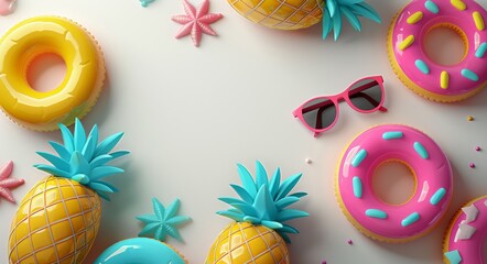 Assorted donuts and pineapples with sunglasses arranged on a table - Powered by Adobe