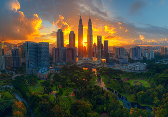 A city skyline and park in the morning. Modern buildings in the city