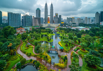 Obraz premium A city skyline and park in the foreground. Modern buildings in the city