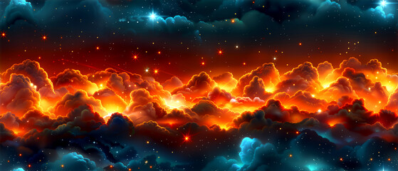 A colorful, starry sky with a red and orange cloud