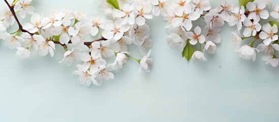 Spring seasonal background with white flowers Cherry blossom in spring for background or copy space for text Top view
