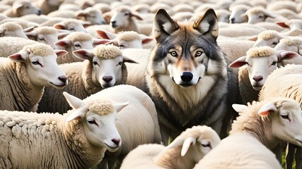 Obraz premium A wolf hiding among a flock of sheep, leading the way or waiting for the right moment to act - Concept of identity and difference, of being unique among others, or metaphor for hidden risk and danger