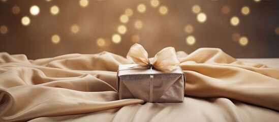 Gift in craft wrap with brown ribbon on the bed Holiday season. copy space available