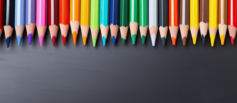 A colorful assortment of pencils rests on a textured gray background providing ample blank space for additional content in the image