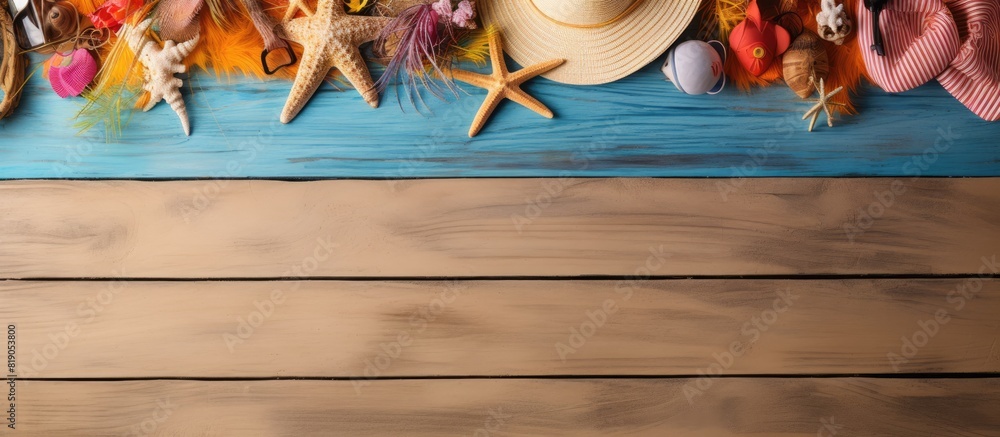 Poster a copy space image showcasing a collection of beach accessories neatly arranged on a wooden board