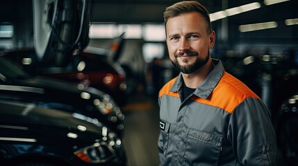A Caucasian car mechanic 25-30 years old, in uniform, looks at the camera while in a car dealership against the backdrop of cars. repair work at a car service center