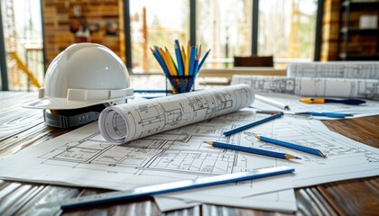 Wooden table displays hard hat, pencils, blueprints for interior design project