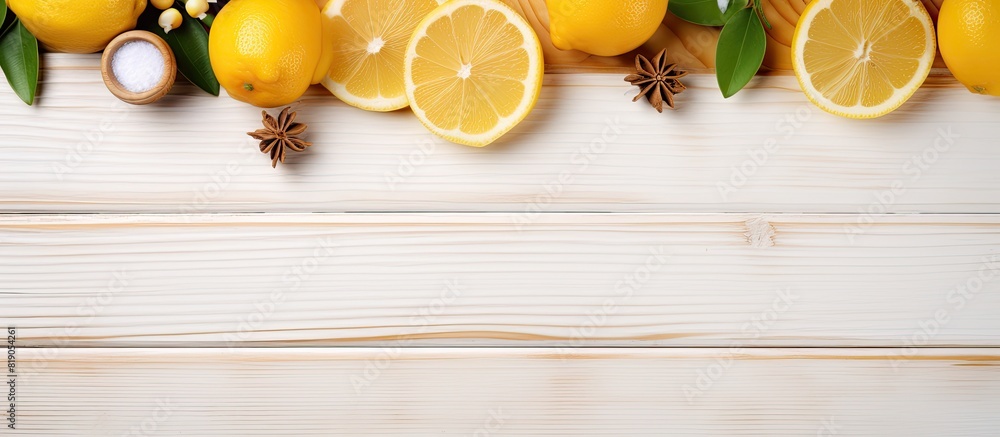 Poster healthy background honey honeycomb lemon tea ginger on light wooden table top view with copy space