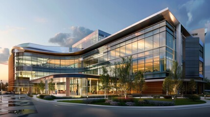 An architecturally modern office building featuring reflective glass and a dynamic curved design, captured during twilight with ambient lighting