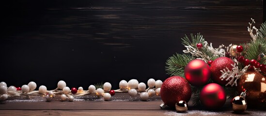 Christmas holiday composition beautiful Xmas black board framed decoration items calibration winter holiday wooden background with festive decorative elements and copy space for text