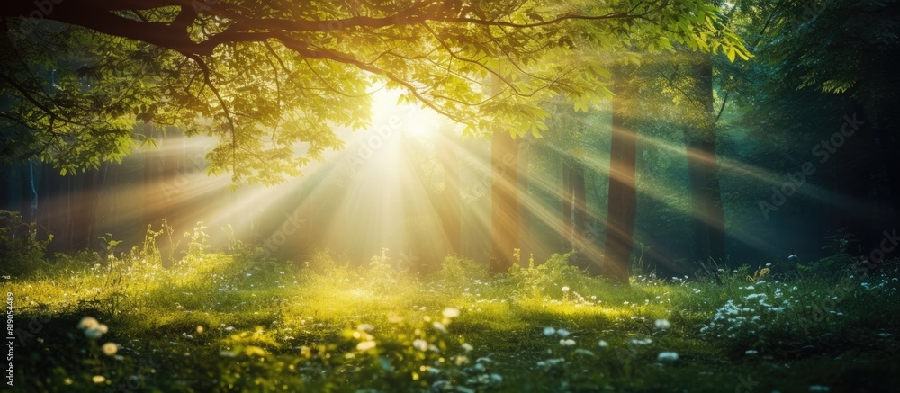 Fototapete Sunny abstract green nature background with the bokeh of light through the trees as a background image. copy space available