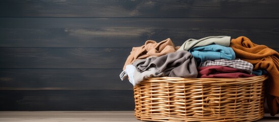 A basketful of clean clothes is arranged neatly on a copy space image of a grey wooden background