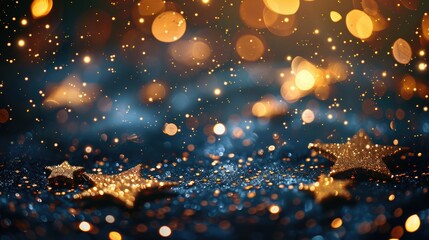 Dark background with golden stars and bokeh lights. Christmas and new year background