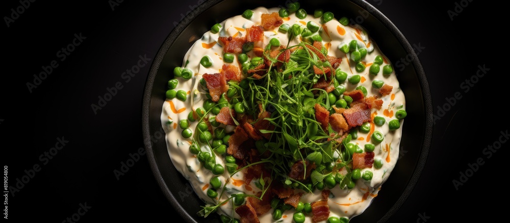 Aufkleber Homemade Creamy Bacon Pea Salad in a Bowl on a black surface top view Flat lay overhead from above Copy space