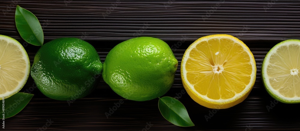 Poster lime lemon wooden on black background free space for text top view. copy space available