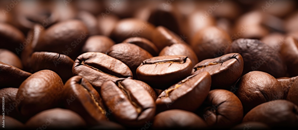 Poster High resolution copy space image of a close up macro shot capturing the mood and background of roasted coffee beans