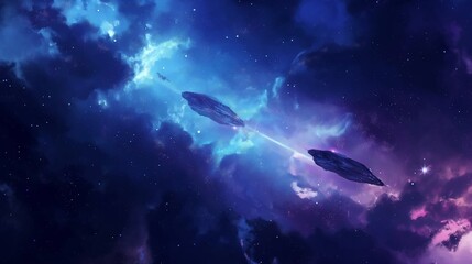 Naklejka premium Deep-space spacecraft investigating the universe, stars, constellations, and nebulas. Comets, meteors, and a massive starry sky at night