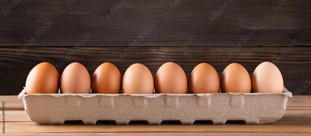 Poster Egg Close up view of raw chicken run many eggs in egg box on old wooden background. copy space available