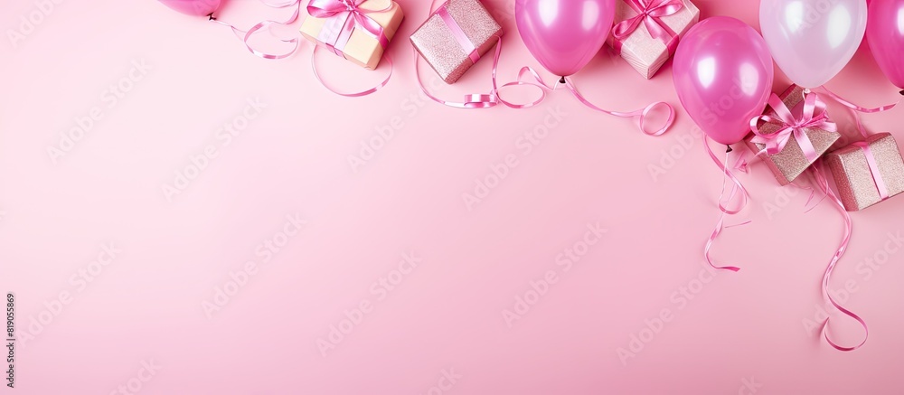 Poster flat lay composition with party items on pink background space for text birthday celebration. copy s