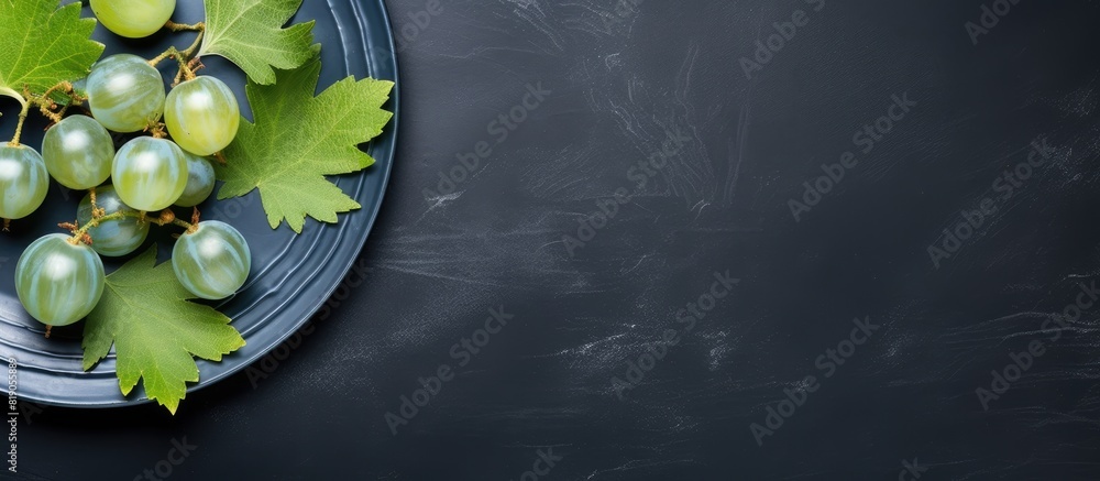 Poster some organic gooseberries from the garden and a leaf on a blue gray plate and a dark slate backgroun