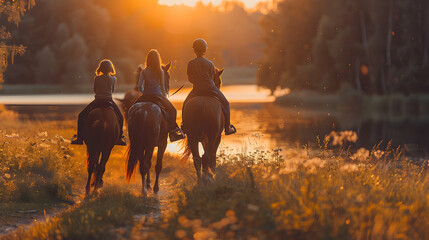 Family Horseback Riding Adventure: Photo Realistic Concept of Excitement and Bonding as Family Rides Scenic Trails Together Capturing Unforgettable Moments