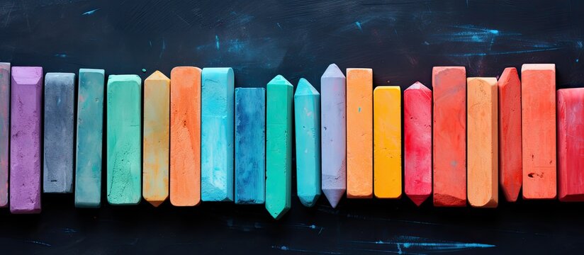Colorful of chalk pastels with blackboard background. copy space available