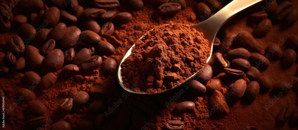 Poster spoon with beans on cocoa powder. copy space available